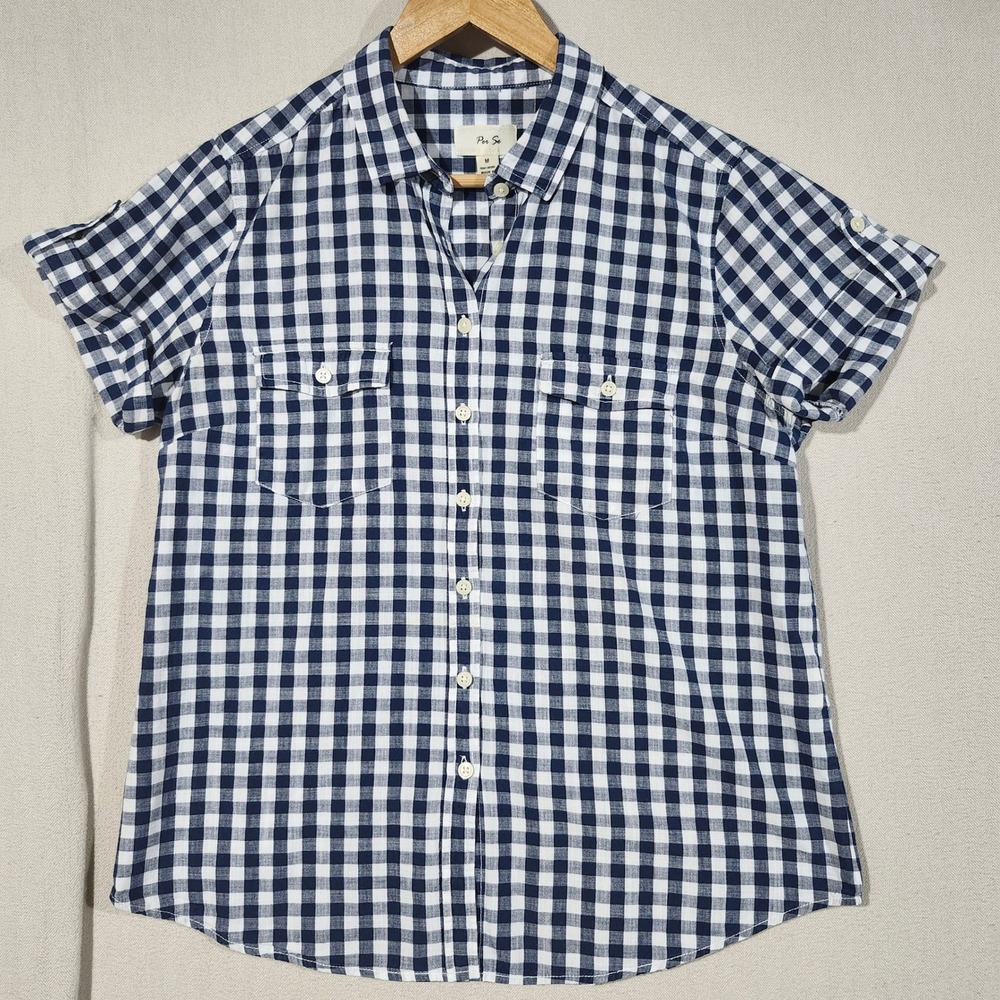 Per Se Womens Navy Blue White Gingham Cotton Short Sleeve Button Down Shirt M
